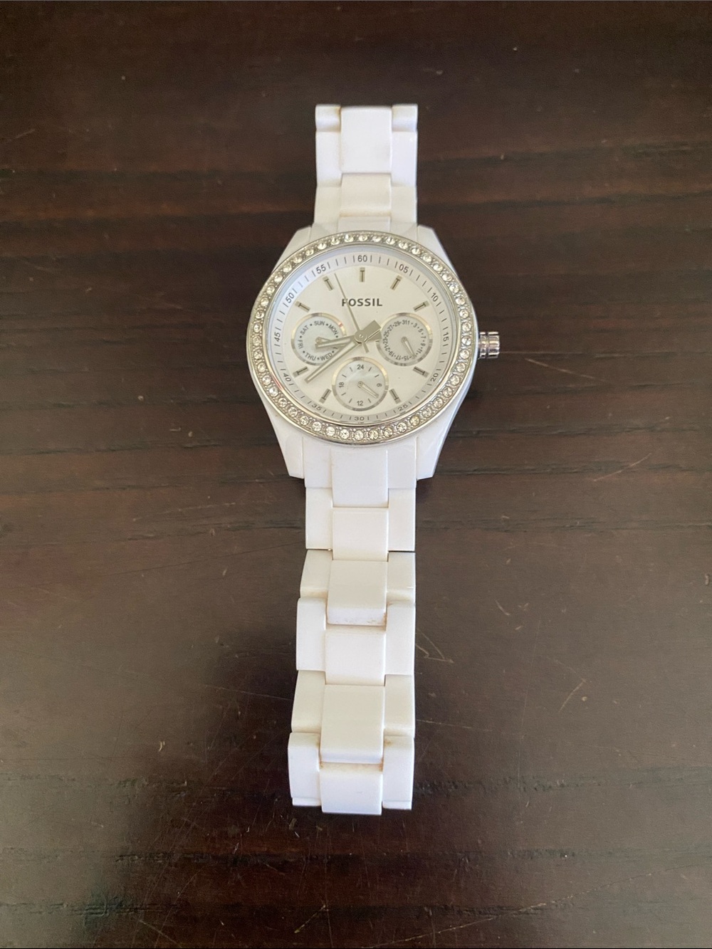 Fossil White Ceramic Watch with Crystal Bezel